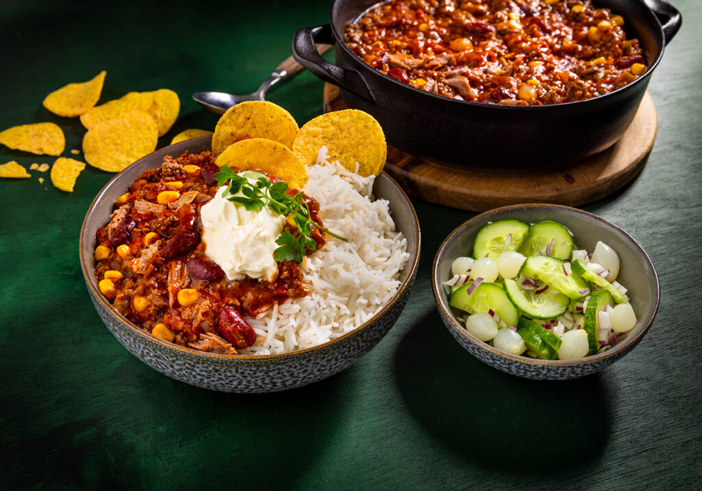 Chili con carne met gehakt en rundvlees, Tomate Mexicana