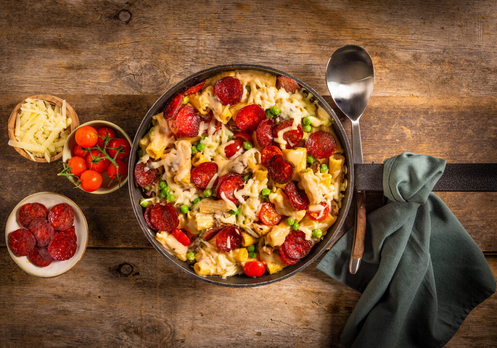 romige pasta ovenschotel met chorizo
