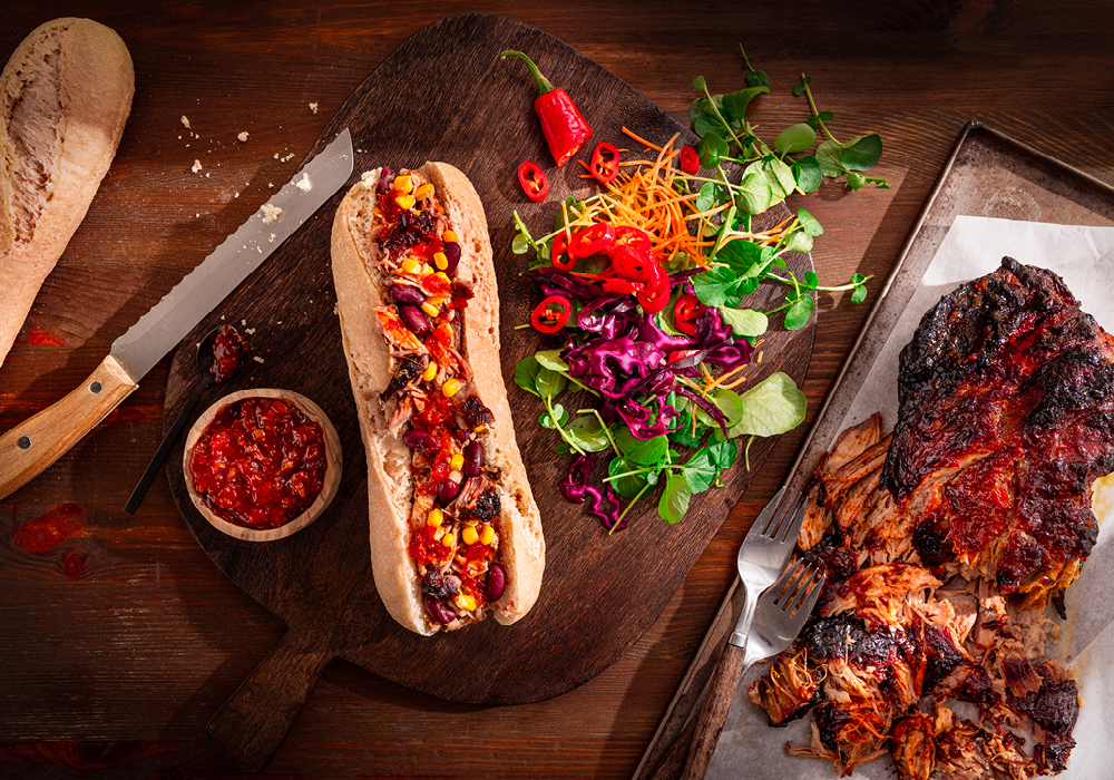 Gevuld stokbrood met pulled pork van varkensnek