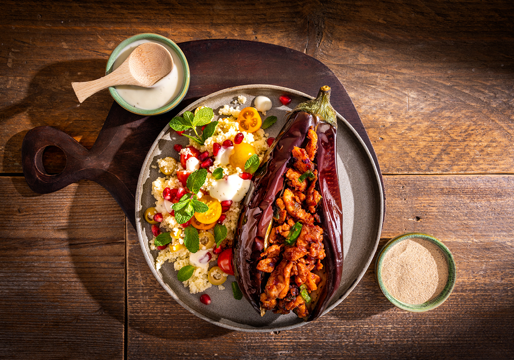 Stuffed aubergine with Beef Jerkey chicken thigh fillet